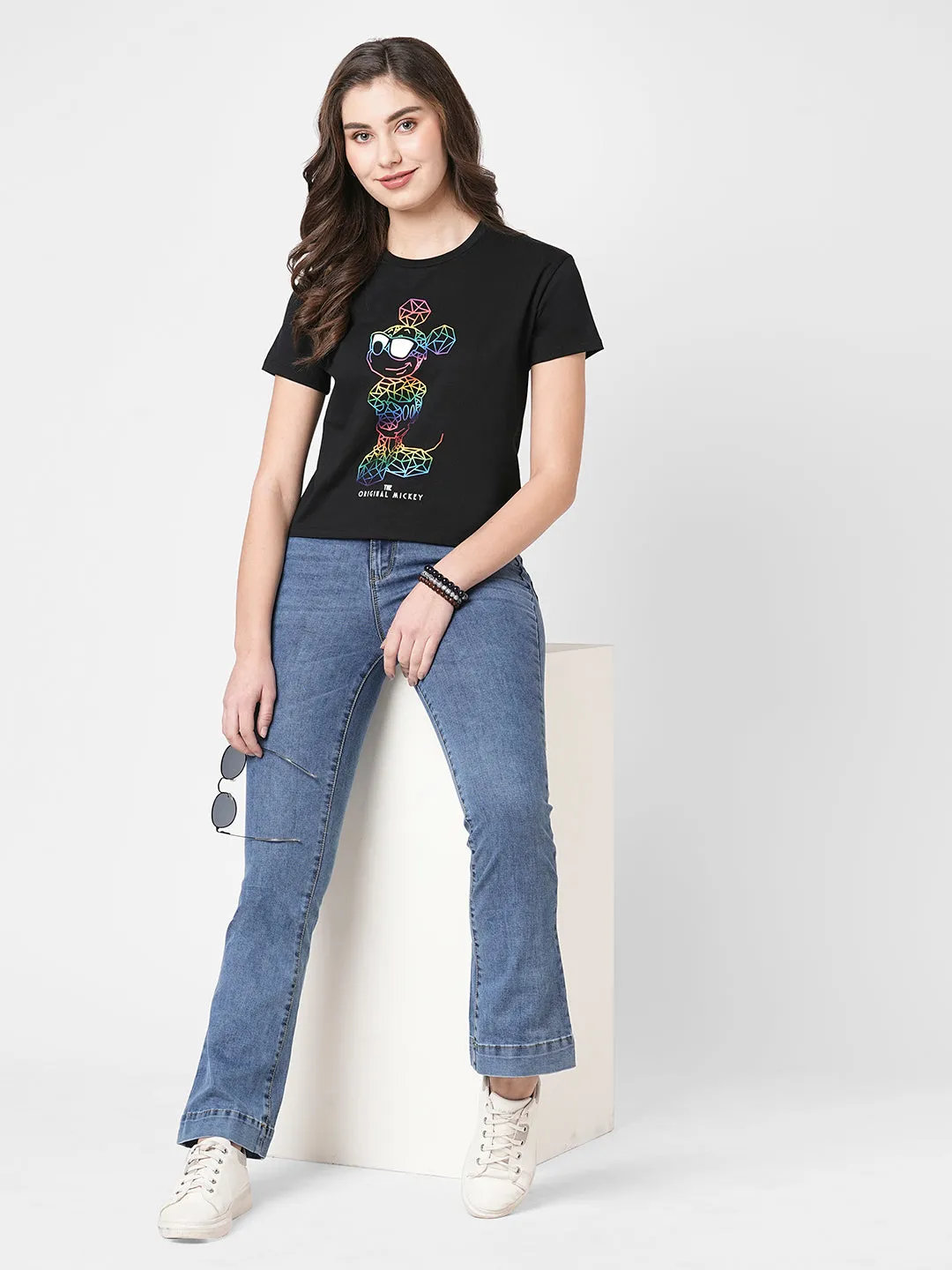 Women Mickey Chest Print Crop T-Shirt