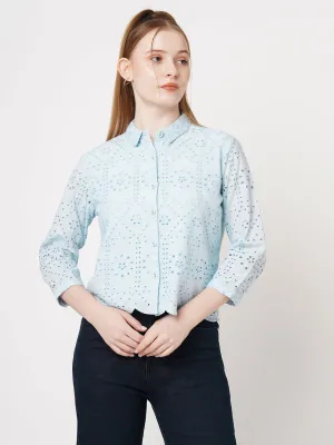 Women Slim Fit Sky Schiffli Crop Shirt