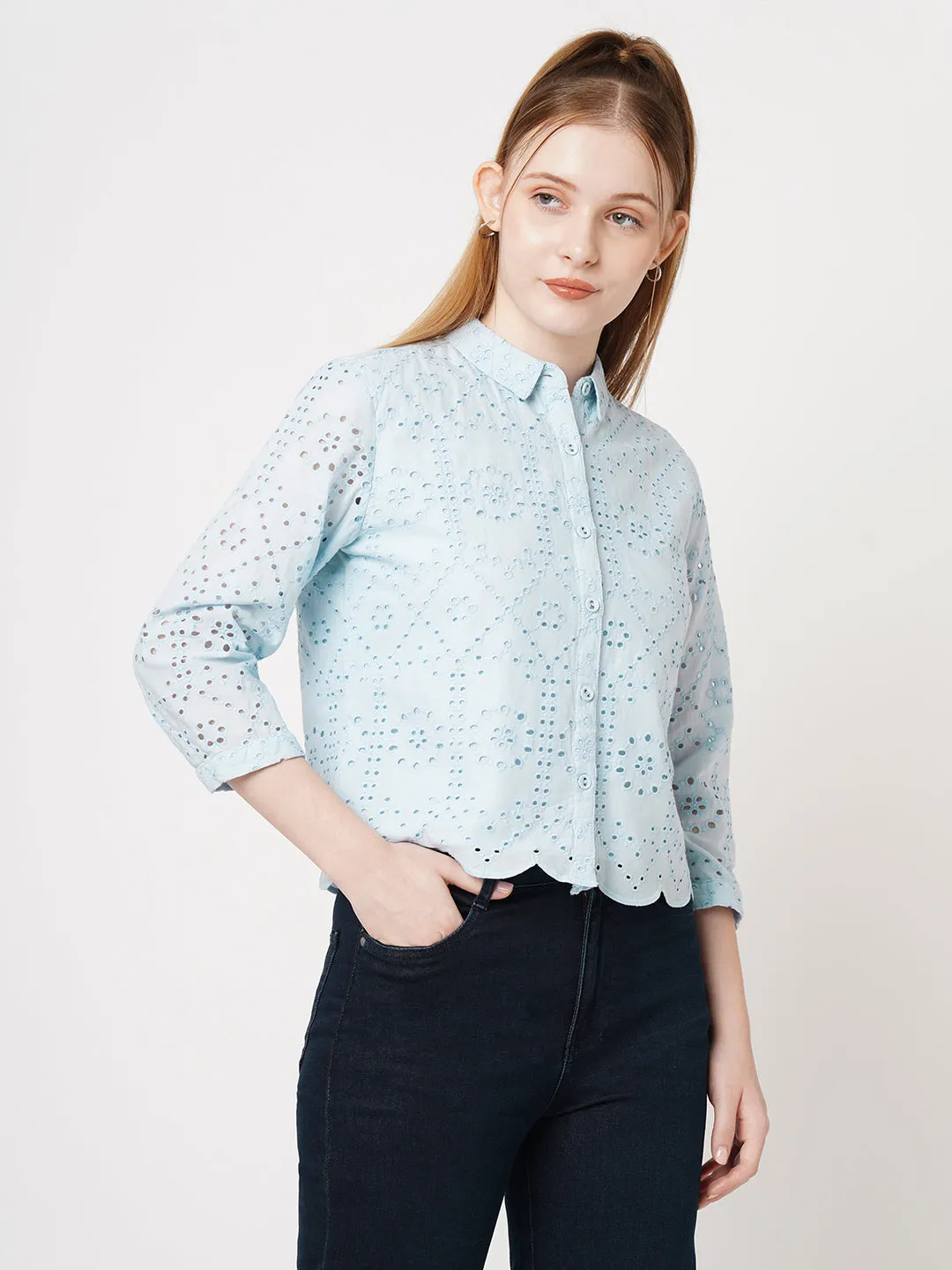 Women Slim Fit Sky Schiffli Crop Shirt