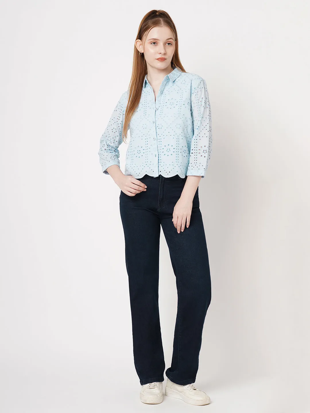 Women Slim Fit Sky Schiffli Crop Shirt