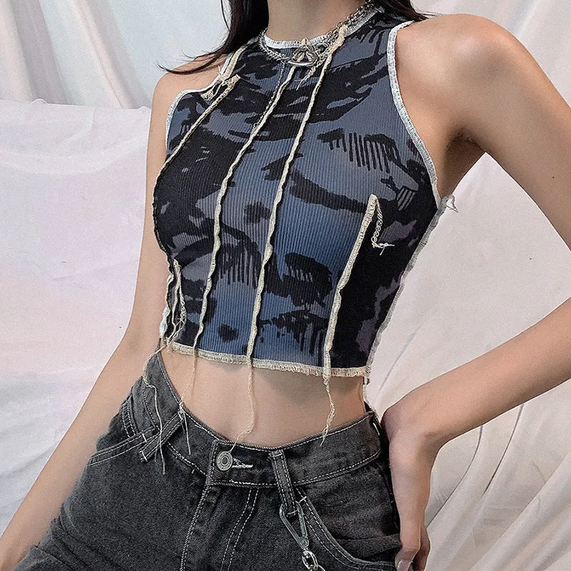 Women's round neck sleeveless fashion print slim T-shirt